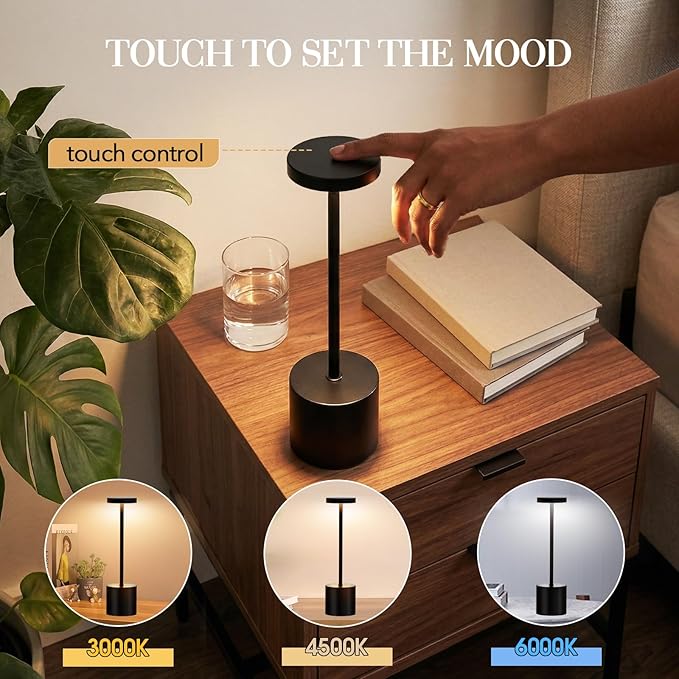 Rechargeable Table Lamp –Outdoor Touch Cordless Desk Lamps, 5000mAh Battery Operated Lamp with 3-Color Dimmable Light, Portable LED Lamp for Bedroom, Dining Room, Patio, Outdoor (Black)