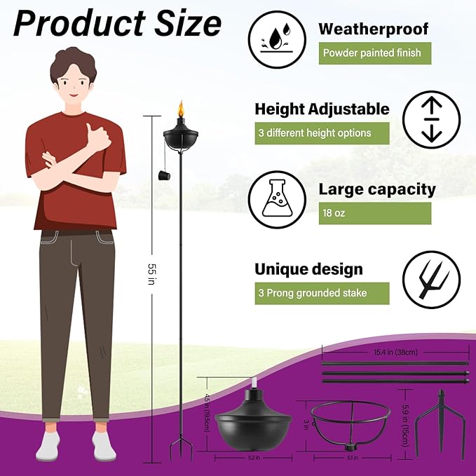24 Oz Home Garden Torch , 1 Pack Outdoor Metal Torch Garden Décor ,55-Inch Upgraded Citronella Torches with 3-Prong Grounded Stake , Metal Light Torches for Party Patio Pathway