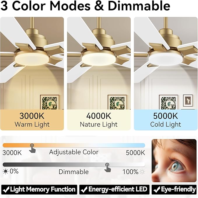 52 Inch Ceiling Fans with Lights,Smart Ceiling Fan with Light and Remote Control Alexa,APP,Modern Indoor Outdoor Ceiling Fans for Bedroom,Patio,Porch,in Black White and Gold,5 Blades,Dimmable,Quiet