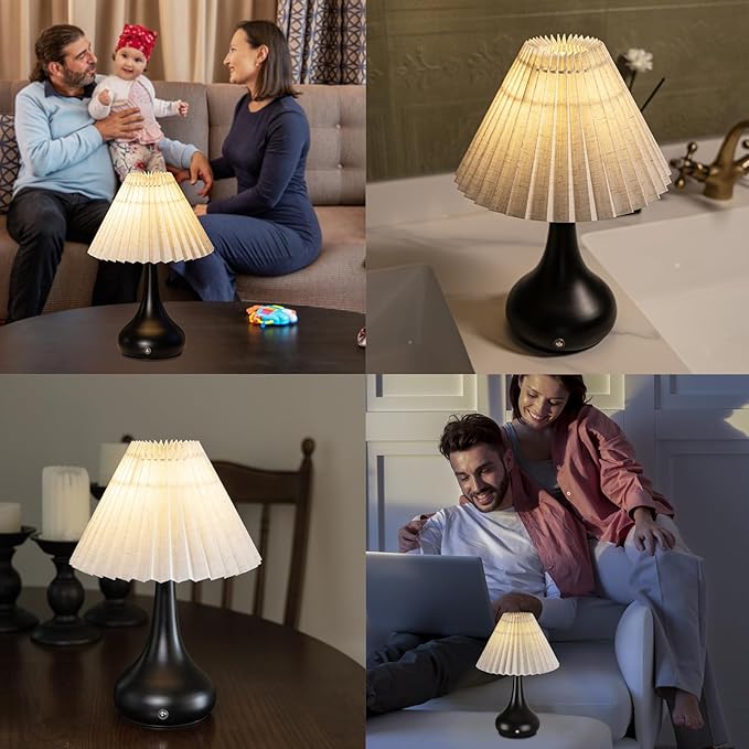 MJ PREMIER Cordless Lamp, Rechargeable Table Lamp with Touch Control, Metal Base, Easy Assembly, Stepless Dimming Pleated Lamps for Bedroom/Tabletop/Corner/Entryway (White)