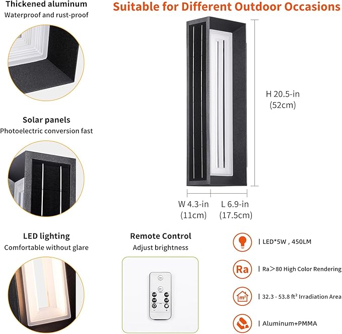 Solar Outdoor Wall Lights, 20.5" Waterproof Large Front Porch Light Fixture, 3000K LED Outside Black Garage Wall Sconce, Modern Lamp for House Garage Patio Solar Exterior Entrance Sconce Lighting