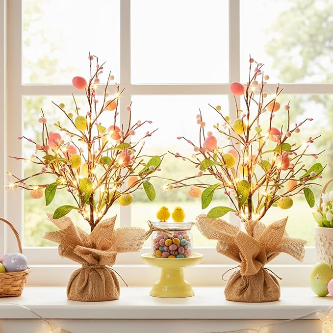 Vanthylit Easter Decorations, 2 Pack Easter Tree with Eggs Artificial Battery Powered Tabletop Centerpiece Lighted Artificial Tree for Holiday Party Spring Home Decor