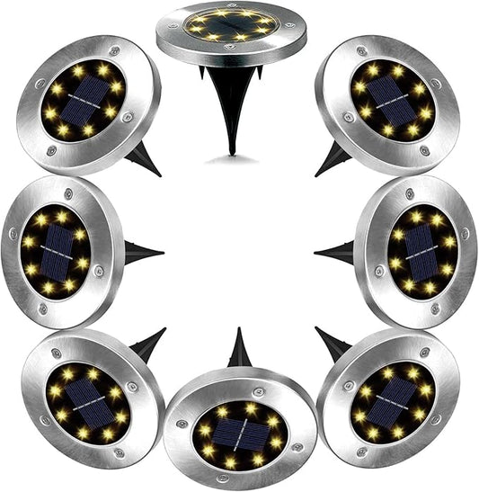 Outdoor Solar Powered Ground Lights Bright 8 LED Waterproof In-ground Disk Puck Flat Garden Path Lights for Landscape Outside Patio Pathway Walkway Driveway Yard Backyard Lawn Decoration 8 PACK
