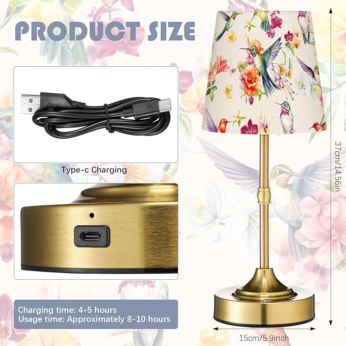 Cordless Table Lamp for Bedroom Bedside Bird Floral Linen Lampshade with Rechargeable Table Lamp Hummingbird Flower Desk Light for Farmhouse Boho Vintage Nightstand Living Room Home Decor