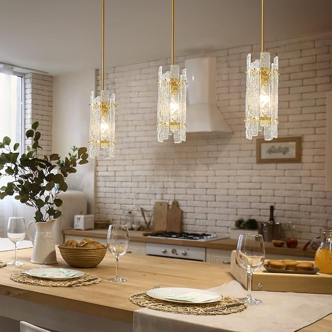 Modern Crystal Pendant Lighting Gold Pendant Lights Mini Glass Chandeliers, Adjustable Pendant Light Fixture for Kitchen Island Bedroom Living Room Dining Room Corridor(1Pack)