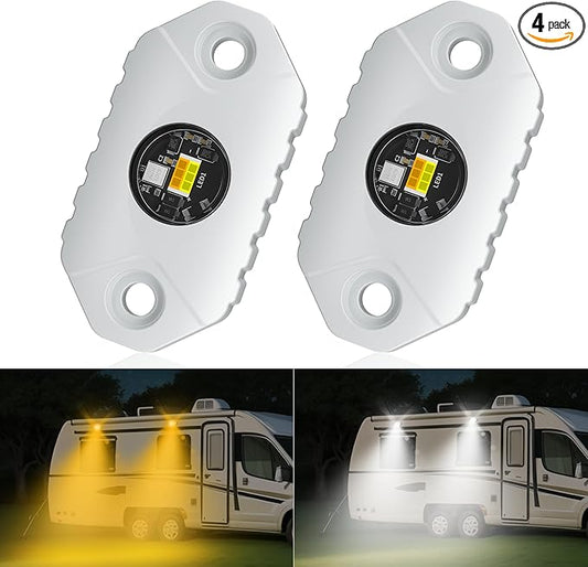 RV Lights Exterior White/Amber LED Aluminum Porch Light 12V IP68 Waterproof Campers Awning Lamp Replacement Kits for Trailers Truck Motorhome Travel Vehicles 4 PCS
