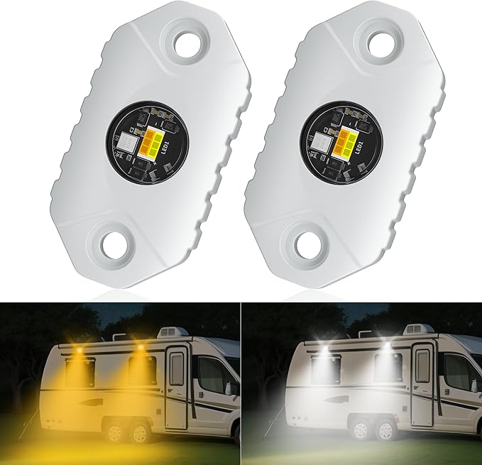 RV Lights Exterior White/Amber LED Aluminum Porch Light 12V IP68 Waterproof Campers Awning Lamp Replacement Kits for Trailers Truck Motorhome Travel Vehicles 4 PCS