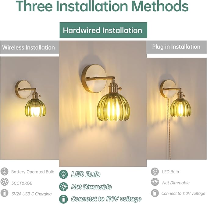 Vintage Wall Sconces with Cute Green Tulip Glass Lampshade 180 Degree Adjustable Brass Sconces Hradwired Modern Wall Lighting Fixture with Switch for Bedside Bedroom Doorway
