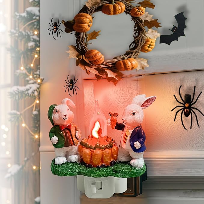 2026 Easter Bunny Decoration Night Light Plug in for Home, Campfire Flickering Nightlight, 3D Rabbit Night Lights Plug into Wall, Spring Home Décor, Valentine's Day Gifts for Boys Girls