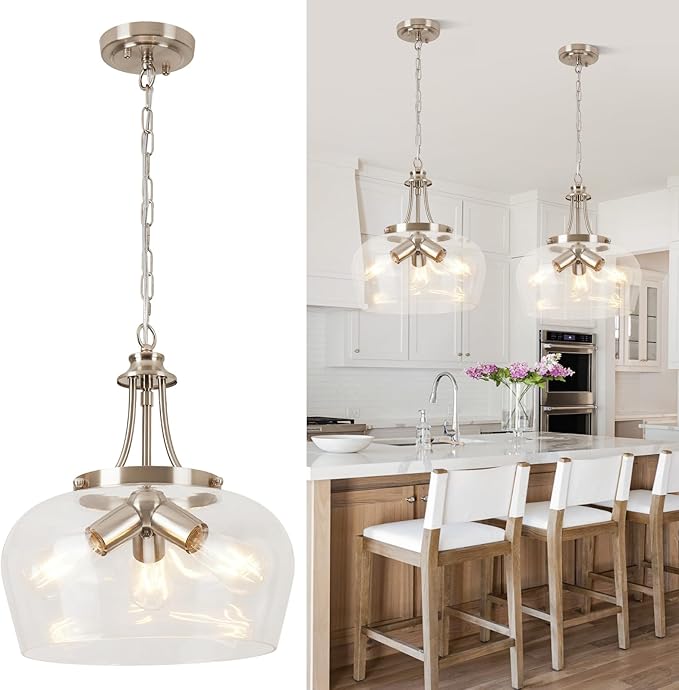 14.2" Modern Pendant Lights Kitchen Island, 3-Light Brushed Nicke Pendant Light Fixtures with Clear Glass Shade, Industrial Hanging Pendant Lights Fixture for Kitchen Island, Dining Room, Entryway