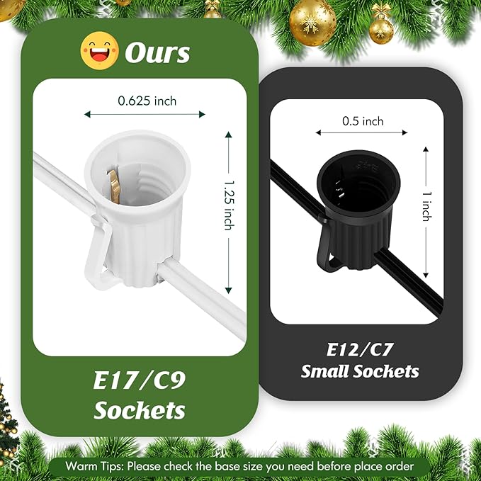 Brightever Commercial 500 FT LED Lights Sockets Outdoor, C9 E17 Light Sockets Set Spool, C9 Sockets Patio String Lights, C9 Light Strands - 12 Spacing Intermediate Base White Wire String Lights