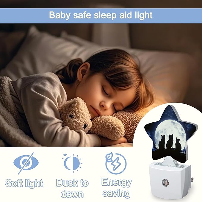 Black Cat Moon Night Light,Starry Sky Plug-in Star Night Lights with Dusk-to-Dawn Sensor for Bedroom,Bathroom,Living Room Sleep Friendly Lamp for Women Girls Boys Gift,0.5W