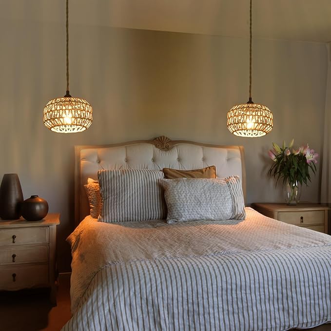 Plug in Pendant Light, Industrial Hanging Light with Plug in Cord Hemp Rope On/Off Switch Farmhouse, Vintage Hanging Lamps for Dining Room