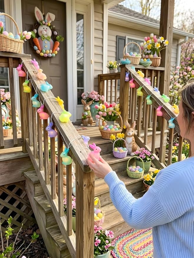 Easter Rabbit Decoration Lights Outdoor, 8.5 Feet Waterproof Bunny String Light with 10 Multicolor Rabbit Shaped Lights for Easter Indoor Bedroom Birthday Party Wedding Decor