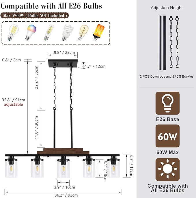 5-Light Dining Room Light Fixture Over Table, Farmhouse Kitchen Island Lighting, Linear Chandelier with Clear Glass Shades, Modern Rustic Wood Chandelier with Adjustable Height