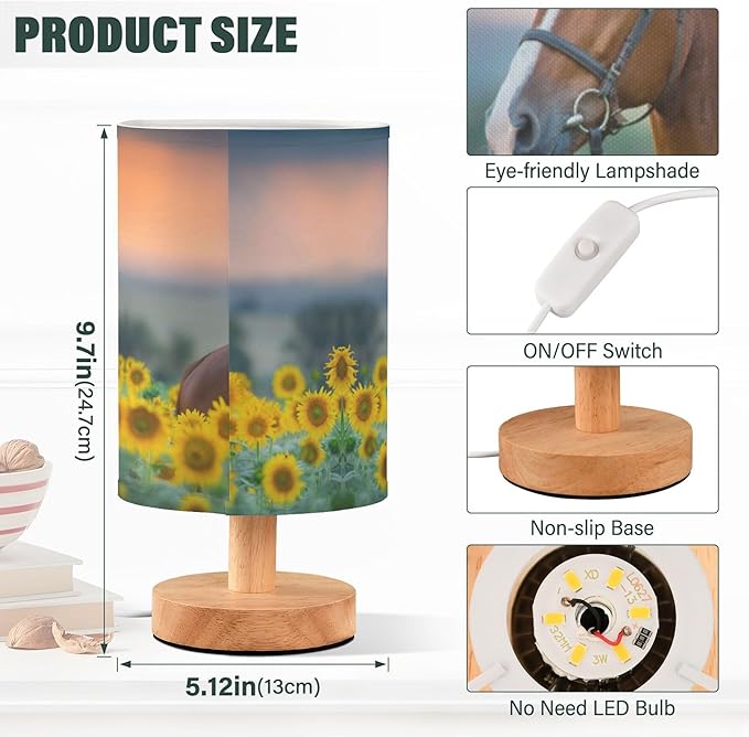 Table Lamp Red Stallion Horse Nature Sunflower Field Nightstand Lamp with Wood Base Fabric Lamp Shade Bedside Desk Lamp for Living Room Bedroom Kids Room Office