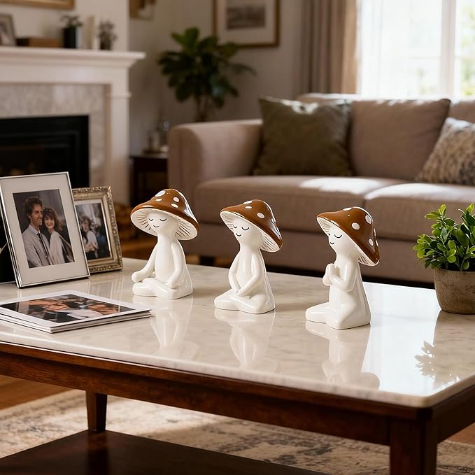 Meditation Mushroom Resin Statue - 3PCS Meditation Mushroom Statue for Desk Living Room Resin Figurine for Home Patio Office Decoration Cute Plant Statues for Tabletop Garden Backyard Decor