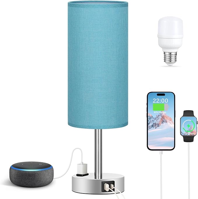 Fenmzee Turquoise Nightstand Table Lamp for Bedroom - 3 Way Dimmable Touch Lamp USB A and C Charging Ports and AC Outlet, Small Lamp for Office Desk with Metal Base, LED Bulb Included