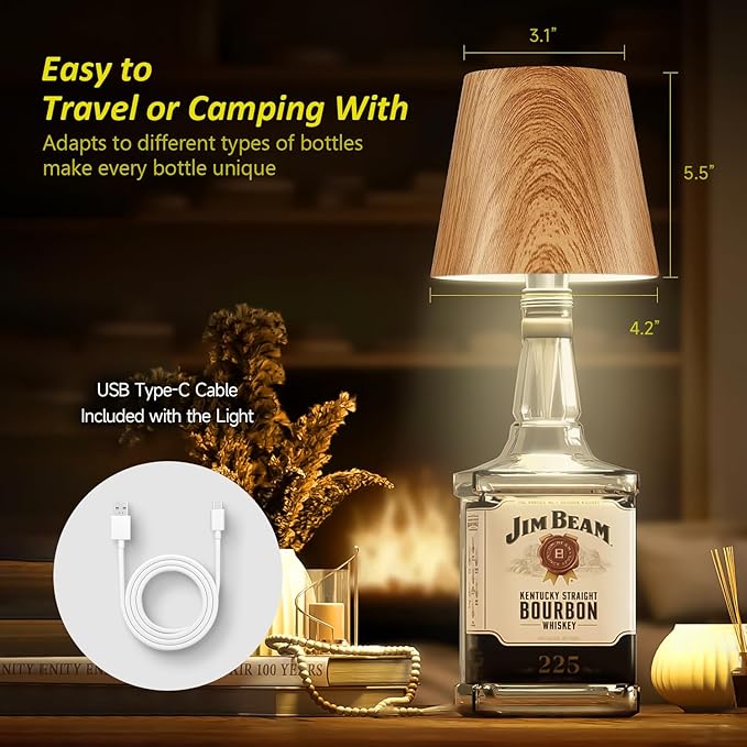 2025 New Bottle Lamp - LED Bottle Lights for Liquor & Wine Bottles, Cordless Lampshade, Whiskey Bottle Top Light, Bottle Stopper Night Light Kit, Rechargeable 3-Tone Touch-Dimmable