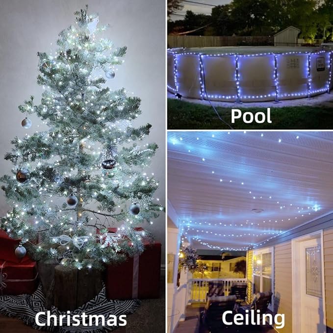 QITONG 4 Pack White Solar Christmas Lights, Each 33ft 100 LED Fairy Light Outdoor Waterproof, 8 Modes Silver Wire Christmas Twinkle Lights