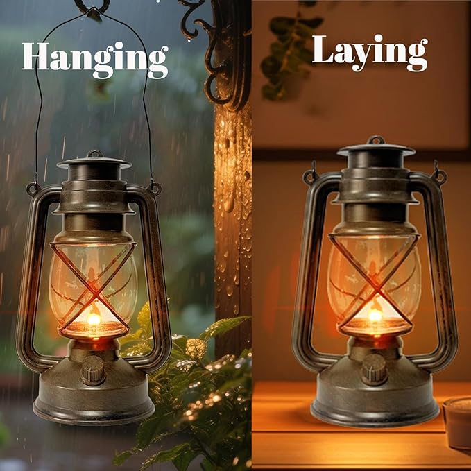 2 Pack LED Vintage Lantern Battery Powered Lanterns with Flame Wick Waterproof Camping Lamp Vintage LED Flame Lamp Hanging Lantern Lights Landscape Patio Garden Pathway Decor for Indoor/Outdoor Use