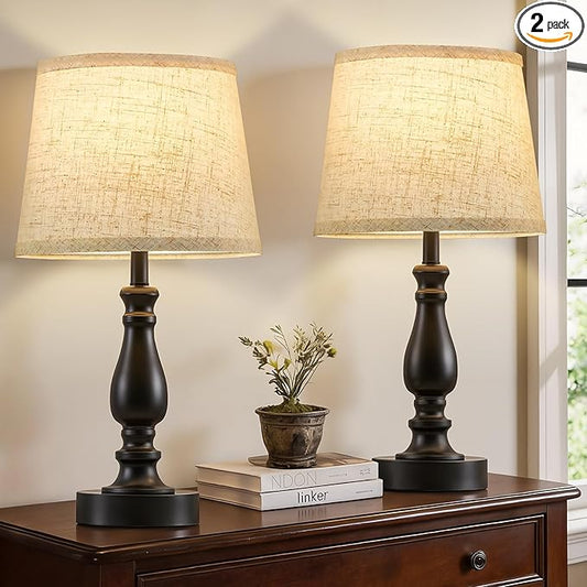 Table Lamp Set of 2-19" Small Bedside Lamps Modern Lamp for Bedroom Living Room Lamps for Night Stands - Desk Lamps for Home Office End Tables Nightstand Lamps with Beige Linen Shades