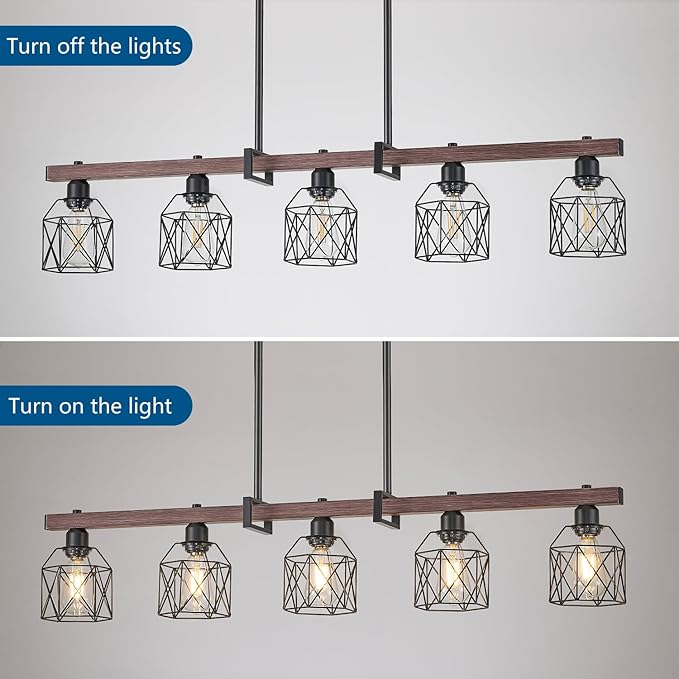 5-Light Modern Farmhouse Island Lighting, Adjustable Height Rustic Chandelier with Walnut Metal Frame & Matte Black Geometric Shade, E26 Base Hanging Light for Dining Room Over Table