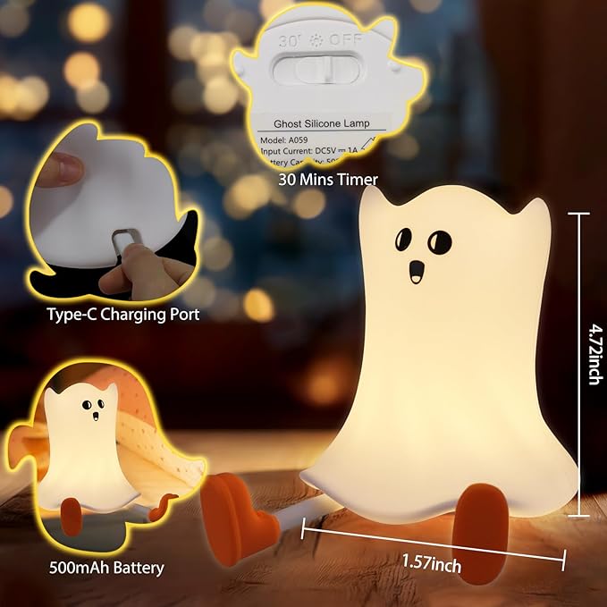 Ghost Night Light Silicone Cute Halloween Ghost Decor Night Light for Breastfeeding Squishy Ghost Nightlight Cordless Rechargeable Dimmable Touch Fun Bedside Light Lamp for Halloween Gifts