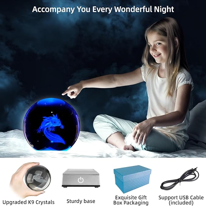 3D Axolotl Crystal Ball Night Light 3.15 inch Glass Ball Table Lamp with Color Changing Touch Base Axolotl Decor Ideal Gifts for Friends Kids Christmas Birthday