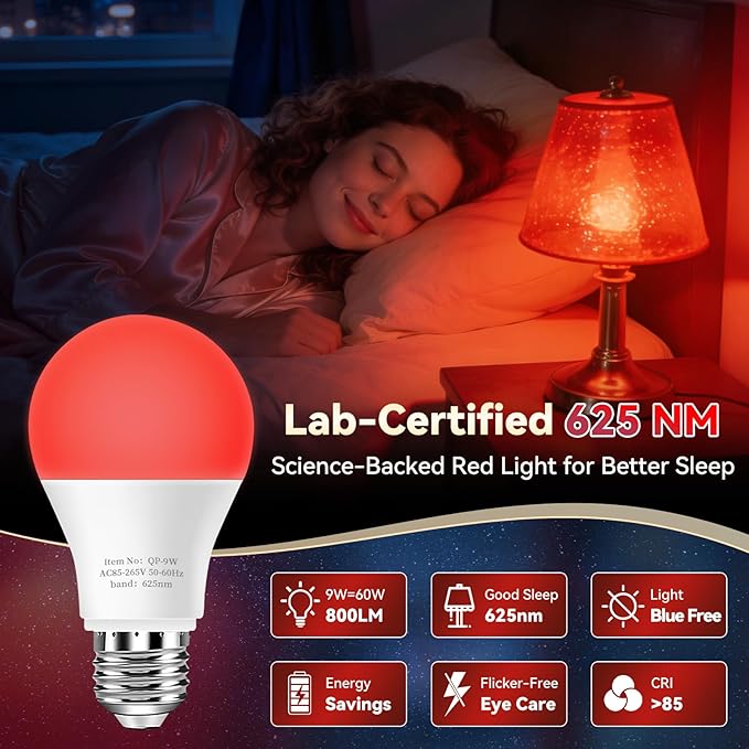 Neporal 625nm Red Light Bulbs for Sleep, 100% Blue Light Blocking Light Bulbs for Melatonin Promoting, A19 LED 9W 60W Equivalent Dim Red Night Light Bulb for Baby Nursery, Sleeping, Reading, 6-Pack