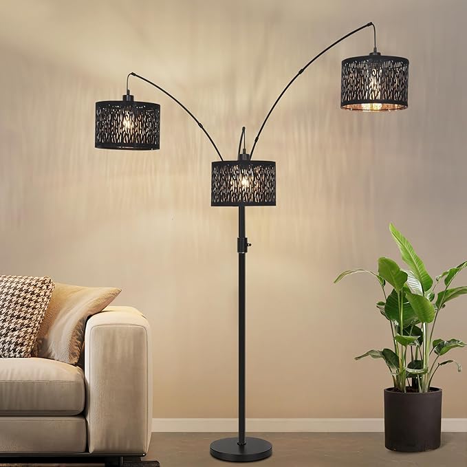 Dimmable Floor Lamp-3 Lights Arc Floor Lamps for Living Room,Modern Tall Standing Lamp With Black Drum Hollow-carved Design Shades,Gothic Mid Century Tree Floor Lamp for Bedroom Corner,Bulbs Included