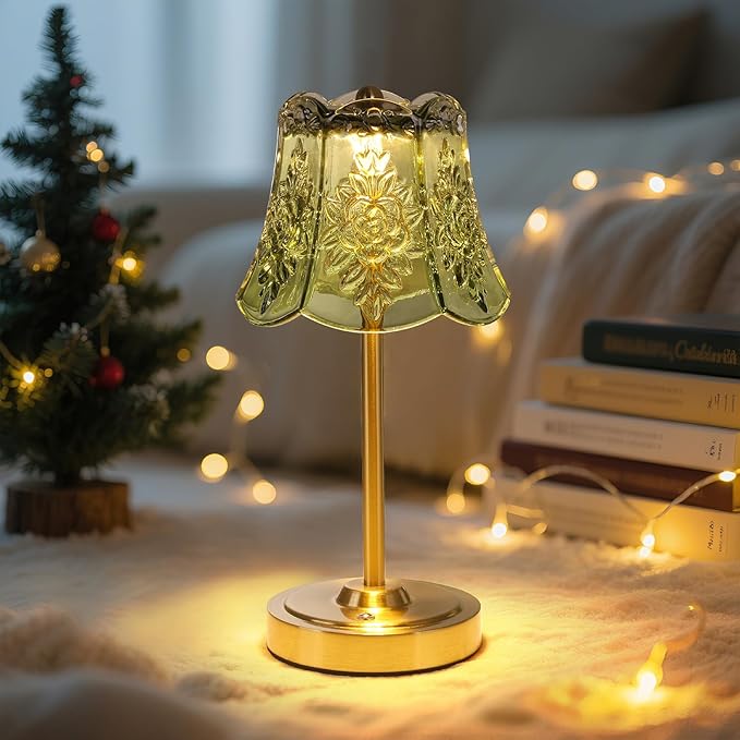 Cordless Touch Table Lamp with 5200mAh Battery - 3 Adjustable Color Temperatures & Dimmable, Rechargeable Desk Lamp for Bedroom, Living Room, Office, Entryway, Bookshelves (Green Rose)