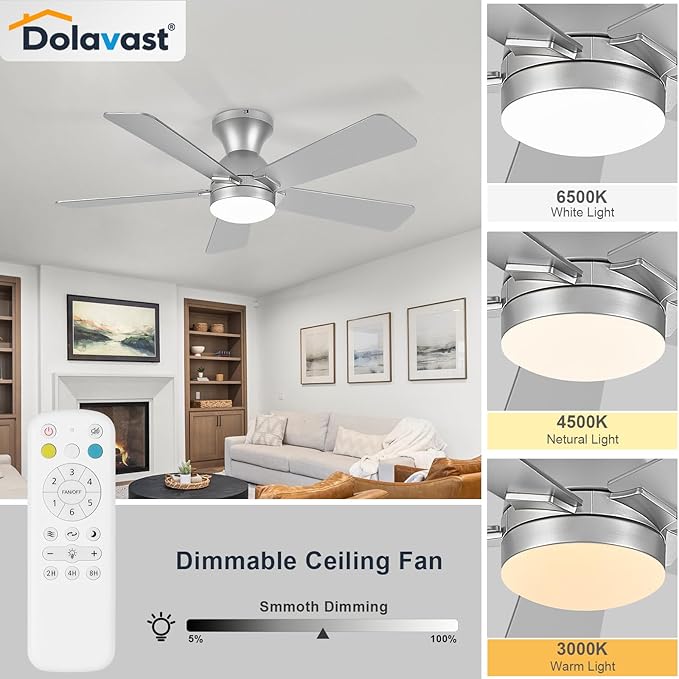 Ceiling Fans with Lights, 42 Inch Low Profile Ceiling Fan with Light and Remote Control, Flush Mount, Reversible, 3CCT, Dimmable LED, Quiet, Nickel Ceiling Fan for Bedroom, Kitchen
