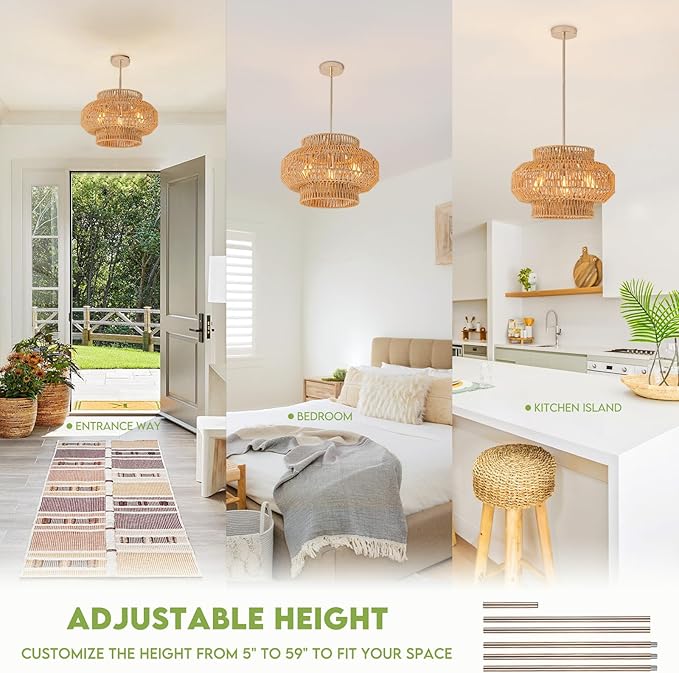 17.7'' Rattan Pendant Light,3-Light Boho Chandelier,Dinning Lighting Fixture Hand Woven Shade Boho Hanging Light Wicker Chandelier for Bedroom Kitchen Island Farmhouse Living Room Light Fixture