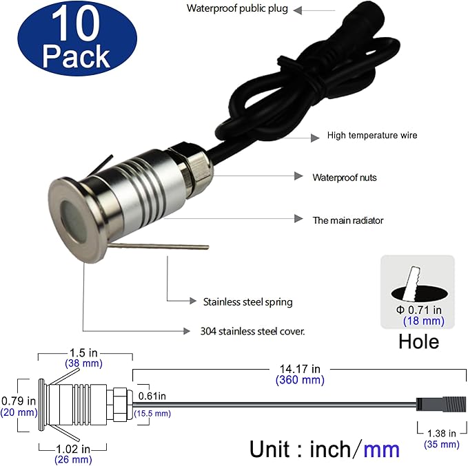 LED Mini In-Ground Well Light-Finger Size,1W 12V DC,120° Wide Beam Angle,IP67 Waterproof,Recessed Marker Indicator Underground Outdoor Landscape Lighting,Warm White-3000K (10 Pack)