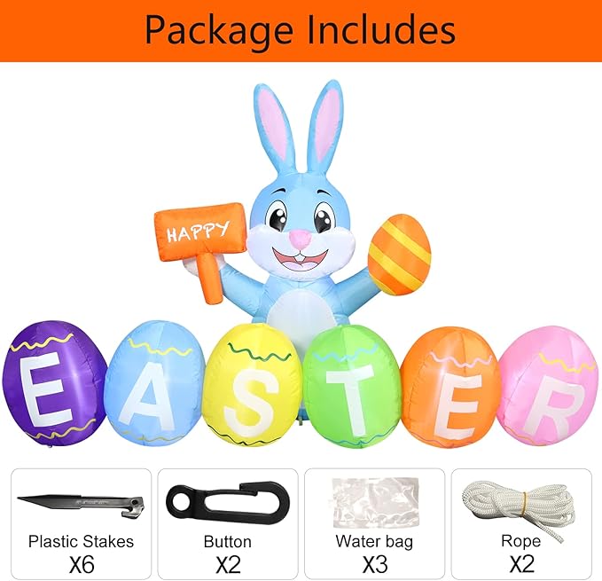 Domkom 6FT Easter Inflatable Bunny Outdoor Decorations with Eggs, Build-in LED Lights Holiday Blow Up Yard Decoration, for Easter Holiday Party, Outdoor,Garden, Yard Lawn Décor