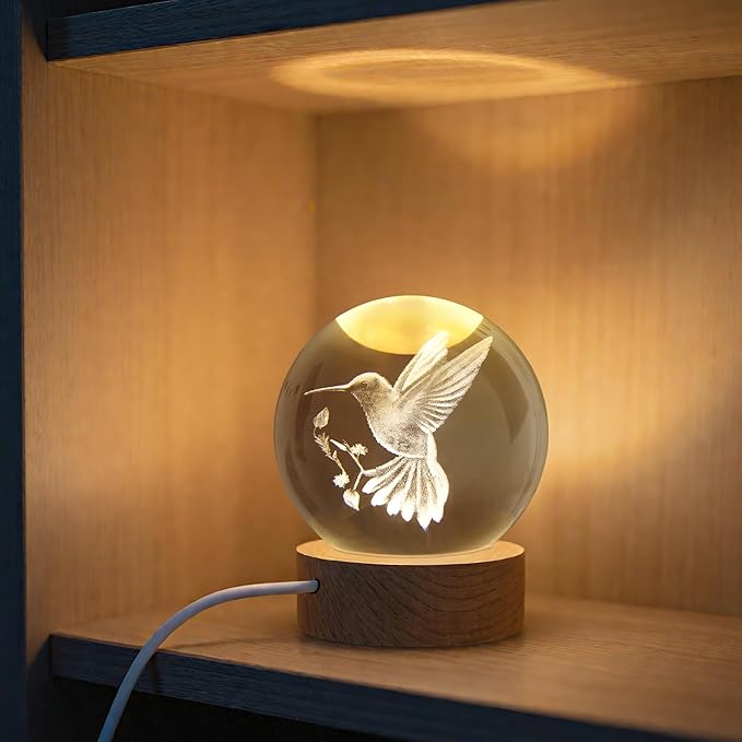3D Laser Engraved Bird Crystal Ball with LED Stand, 60mm Hummingbird Figurine Lamp Night Light, Glass Hummingbird Globe Paperweight Gift