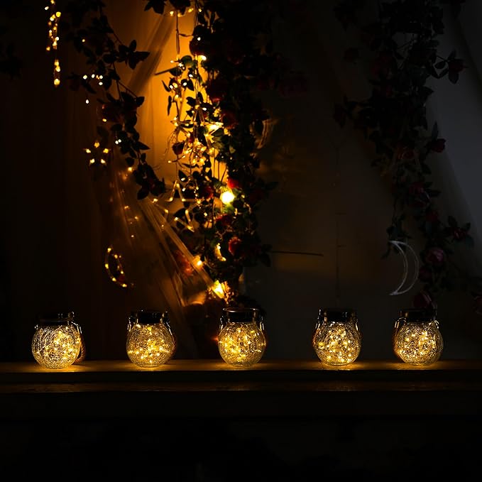 Cooo 6 Pack Gifts for Him Her Solar Lanterns Outdoor Waterproof Heavy Crackle Glass 30 LED Warm Firefly Lights Solar for Women Mom Grandma Outdoor Table Lamps Garden Yard Decor