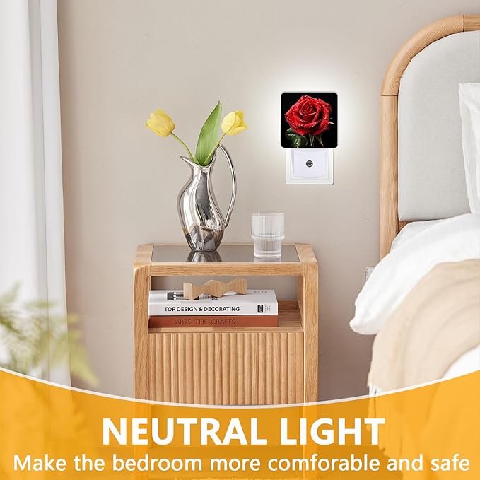 Red Rose Night Light, Plug-into Nightlight White LED Lamp, Energy Efficient Decor Desk Lamp for Bedroom Hallway Stairs Bathroom