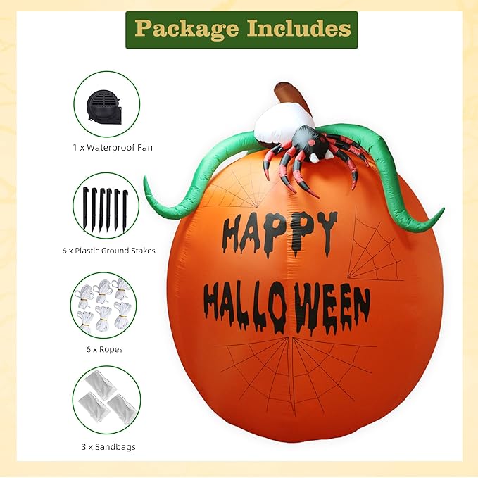 6Ft Pumpkin Lighted Halloween Inflatable Pumpkin Spider LED Lights Decor Outdoor Indoor Holiday Decorations, Blow up Lighted Yard Decor, Giant Lawn Inflatables Home Family Outside