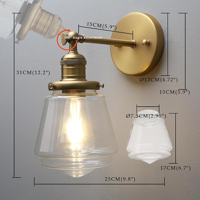 Phansthy Wall Sconces Light Fixture Industrial Wall Lamp, 180 Degree Adjustable Bathroom Vanity Light, Wall Light with Glass Shade Wall Decorative Lighting for Kitchen Living Room Hallway (Antique)