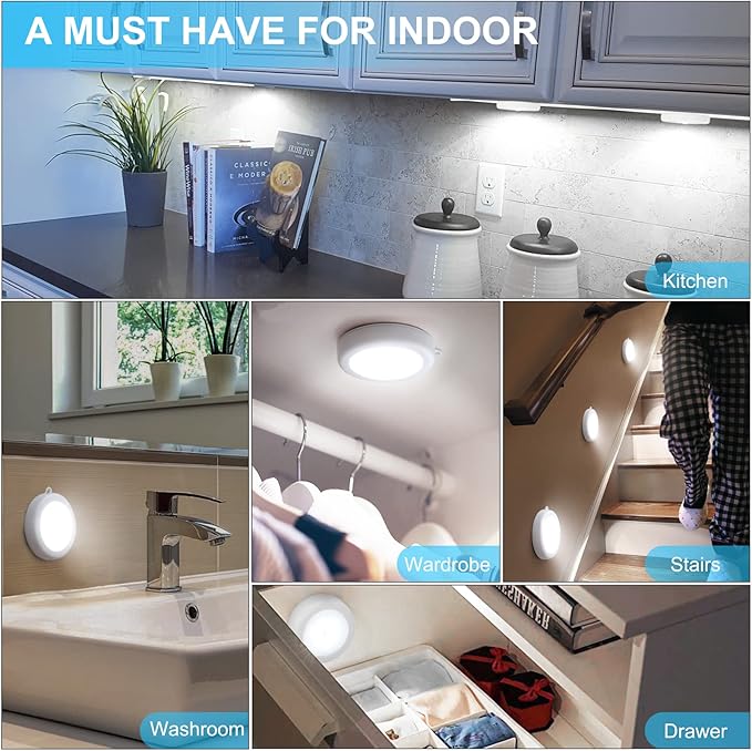 Mlambert 4 Pack Motion Sensor LED Night Light, Cordless Battery-Powered Stick-on Magnet Closet Lights, Safe Lights for Stairs, Cabinet, Cool White