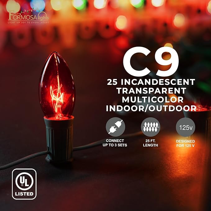 C9 26ft Indoor/Outdoor Transparent Multicolor Incandescent Christmas String Lights with 25 Bulbs and E17 Base | 120V, 7W