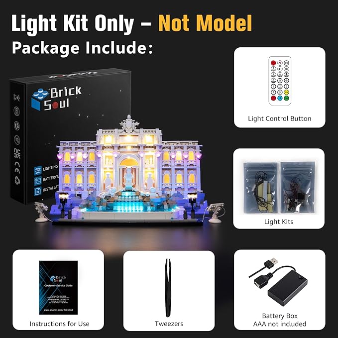 BrickSoul LED RC Light Up Kit Compatible with Lego Architecture Trevi Fountain 21062 Building Set, Upgrade RC Adjustable Lighting Mode Lighting Accessories for Lego Fans, Not Included 21062 Model