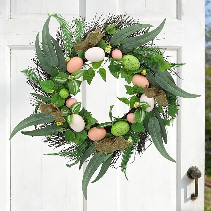 20 Inchs Spring Easter Wreath, Farmhouse Artificial Spring Wreath, Decor with Colorful Easter Eggs, Brown Fabric Strips & Green Eucalyptus Leaves, for Door Wall Window Fences
