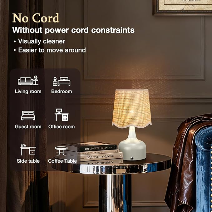 Cordless Boho Table Lamp Beige, Scalloped Wicker Shade, 5200-mAh Rechargeable Battery, 3-Way Dimmable, Build-in Integrated LED 320 Lumen Max, for Bedside Living Room