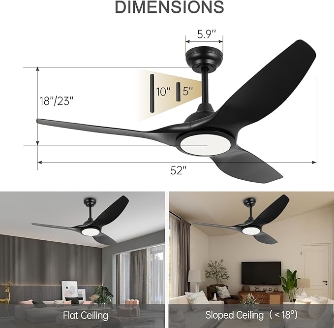 52 Inch 6 Speed High CFM Quiet DC Motor Modern Ceiling Fan with Lights Remote Control, Indoor 3 Blade Black Ceiling Fan for Bedroom Living Room