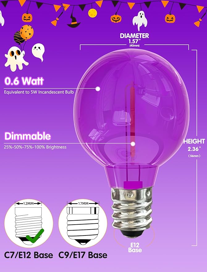SUNSGNE 25 Pack Halloween Globe Purple Light Bulbs, G40 LED Purple Replacement Light Bulbs for Halloween Christmas String Lights, 0.6 Watt - E12 Candelabra Base