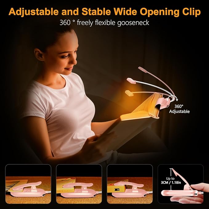 Gritin Rechargeable Book Light for Reading in Bed with 19 LED &Memory Function-Eye Caring 3 Color Temperatures,5 Brightness Levels,90 Hrs Runtime Flexible Goose Neck Clip on Light-Pink