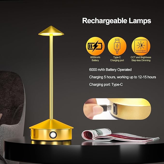 Cordless Table Lamps Set of 2, Portable LED Desk Lamp, 6000mAh Battery Operated, 3 Level Brightness Rechargeable Lamp with Modern Design, Table Light for Home Office/Bedroom/Living Room/Outdoo